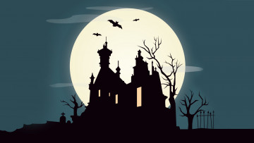 Картинка праздничные хэллоуин луна забор особняк летучие мыши