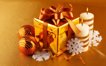 обоя праздничные, подарки и коробочки, подарок, коробка, свечи, снежинки, шарики
