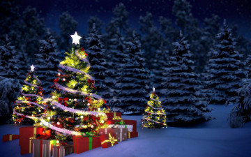 Картинка праздничные ёлки огни подарки елка