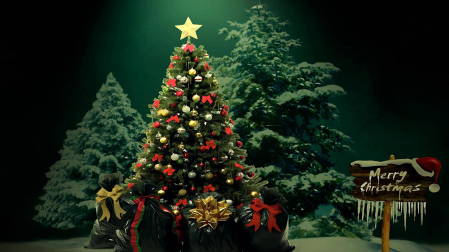 Обои картинки фото праздничные, ёлки, подарки, елка, надпись