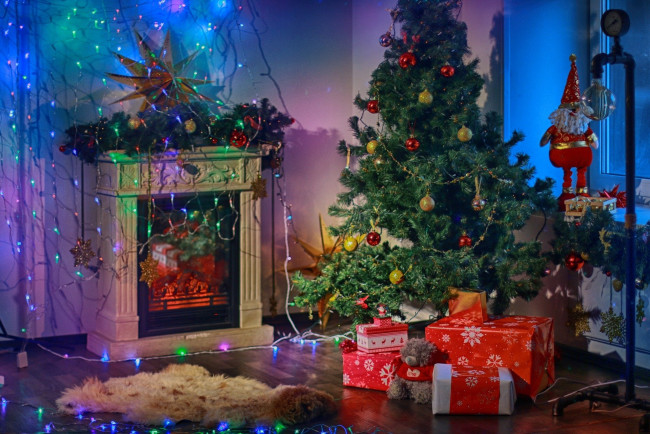 Обои картинки фото праздничные, ёлки, гирлянда, подарки, елка