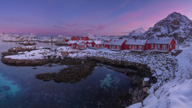 Обои картинки фото города, лофотенские острова , норвегия, фьорды, дома, снег, зима, вечер