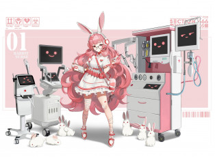 Картинка аниме животные +существа девушка ушки аппаратура кролики