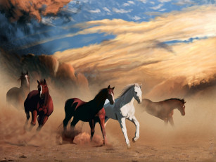 обоя рисованное, животные,  лошади, лошади, пыль, облака