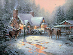 Картинка рисованное thomas+kinkade дом снег лошади деревья