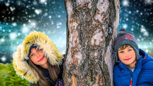 Обои картинки фото разное, дети, девочка, мальчик, снег, дерево