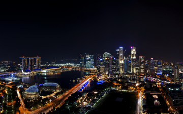 обоя города, сингапур, дома, вечер, огни