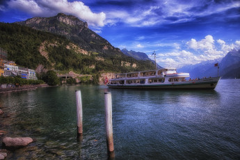 Картинка швейцария ингенболь корабли теплоходы река поселок пассажирское прогулочное горы судно