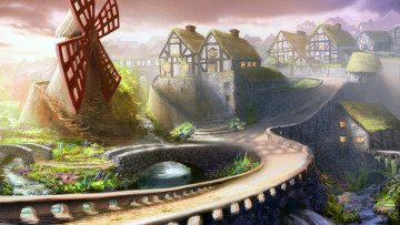Картинка рисованные города арт рисунок деревня дома мост река мельница