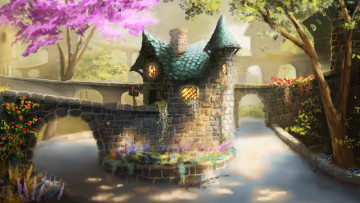 Картинка рисованные города мост цветы дом дерево река арт рисунок