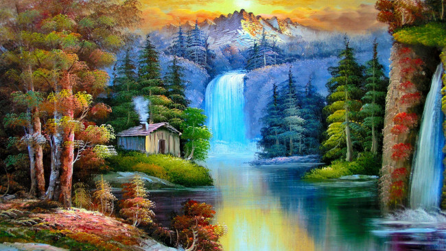 Обои картинки фото рисованные, природа, арт, рисунок, живопись, лес, горы, водопад, дом, река
