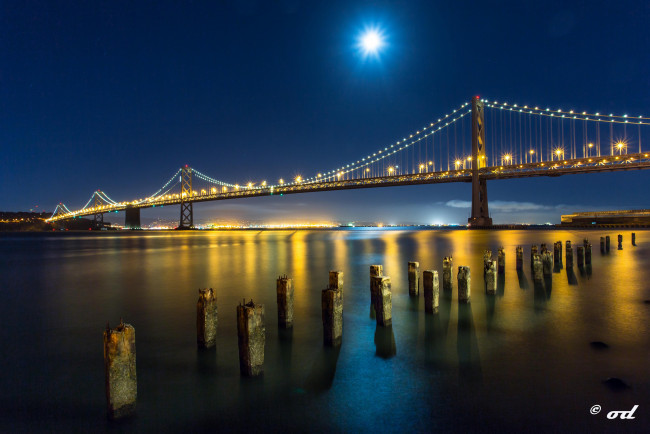 Обои картинки фото города, сан, франциско, сша, америка, луна, мост, ночные, огни