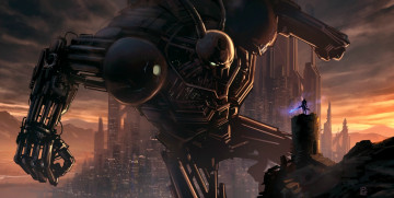 Картинка фэнтези роботы +киборги +механизмы мегаполис гигант робот мир иной меч воин