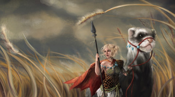 Картинка фэнтези девушки девушка воин зверь поле колосья упряжь