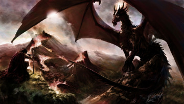 Картинка фэнтези драконы скалы горы лава мужчина дракон