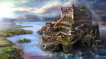 Картинка фэнтези замки город террасы остров мир иной