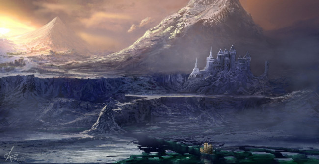Обои картинки фото фэнтези, замки, корабль, парусник, замок, льды, зима, горы