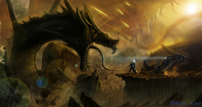 Обои картинки фото фэнтези, драконы, авария, мужчина, скафандр, дракон, монстр