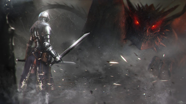 Обои картинки фото dark souls ii, видео игры, воин, дракон, меч, ящер, доспех