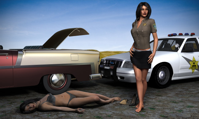 Обои картинки фото 3д графика, fantasy , фантазия, автомобили, девушки, дорога, полицейская