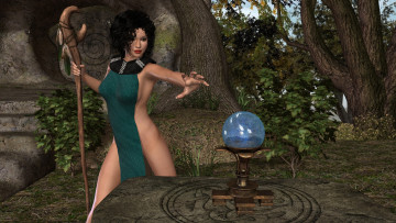 Картинка 3д+графика фантазия+ fantasy девушка взгляд фон посох шар деревья