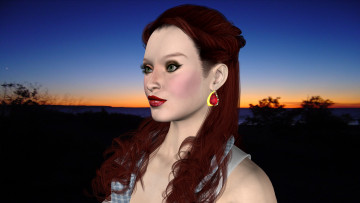Картинка 3д+графика портрет+ portraits девушка взгляд фон рыжая волосы серги