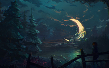 Картинка рисованное живопись ночь лес луна полумесяц елка мальчик забор