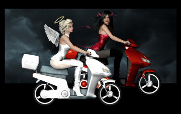 обоя 3д графика, фантазия , fantasy, мотоциклы, демон, ангел