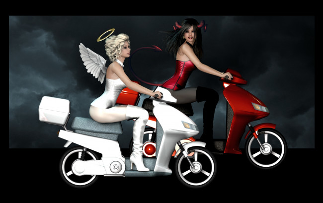 Обои картинки фото 3д графика, фантазия , fantasy, мотоциклы, демон, ангел