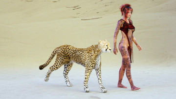 Картинка 3д+графика люди+и+животные+ people+and+animals девушка тату гепаорд фон