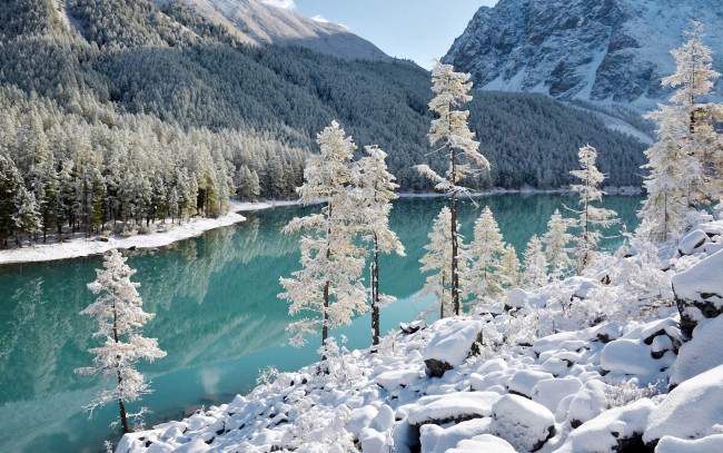 Обои картинки фото природа, зима, озеро, река, деревья, лес, простор, снег