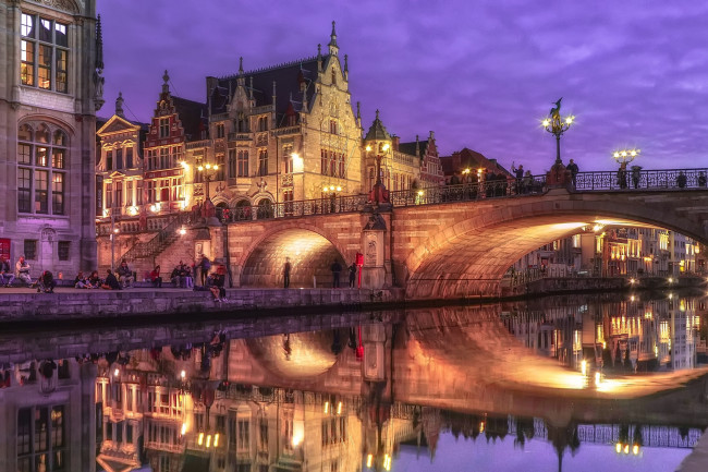 Обои картинки фото города, гент , бельгия, гент, огни, мост, ночь