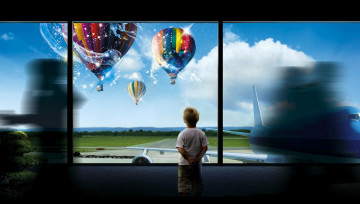 Картинка разное компьютерный+дизайн самолет аэропорт мальчик ребенок воздушные шары окно