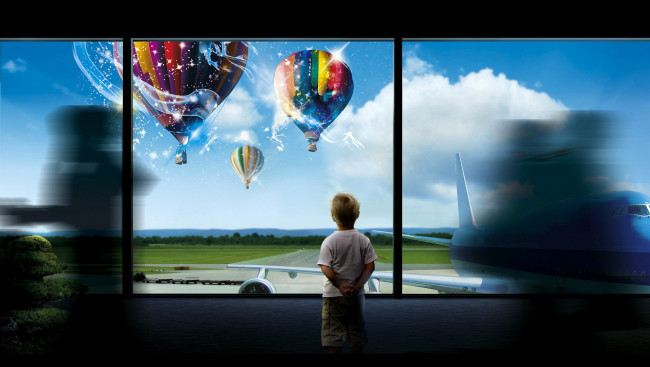 Обои картинки фото разное, компьютерный дизайн, самолет, аэропорт, мальчик, ребенок, воздушные, шары, окно