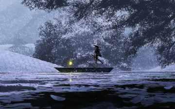 Картинка фэнтези _guweiz девушка шляпа меч фонарь лодка снег