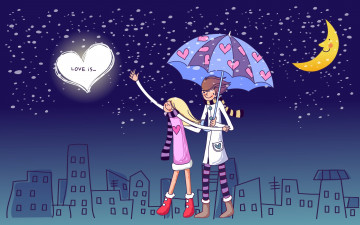 Картинка рисованное праздники пара зонт снег город любовь