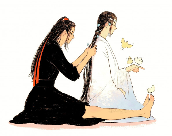 Обои картинки фото аниме, mo dao zu shi, вэй, усянь, лань, ванцзи, коса, птички