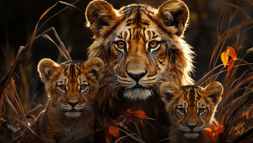 Картинка рисованное животные взгляд морда природа поза львы львята львица