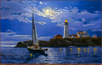 Картинка dave barnhouse serenity рисованные маяк арт пейзаж яхта море безмятежность спокойствие
