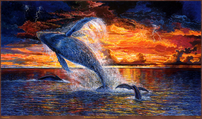 Обои картинки фото robert, lyn, nelson, electricity, рисованные, закат, кит, море, арт