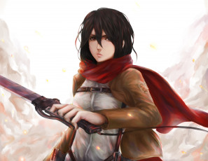 Картинка аниме shingeki+no+kyojin оружие солдат шарф жест недовольство взгляд mikasa ackerman девушка art