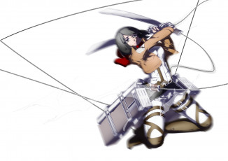 Картинка аниме shingeki+no+kyojin тросы девушка приспособления полет клинки взгляд art солдат mikasa ackerman