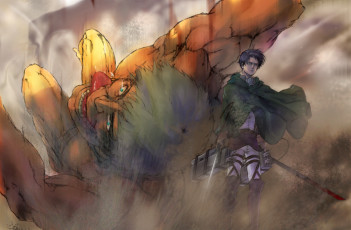 Картинка аниме shingeki+no+kyojin art солдат падение город спокойствие rivaille парень кровь гигант