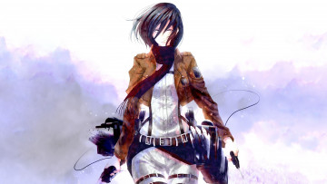 Картинка аниме shingeki+no+kyojin шарф солдат оружие shingeki no kyojin безразличие дым приспособления тросы взгляд mikasa ackerman девушка пояс клинки