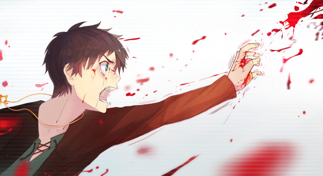 Обои картинки фото аниме, shingeki no kyojin, слёзы, белый, кровь, эрен, джаггер, вторжение, титанов
