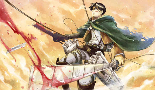 Обои картинки фото аниме, shingeki no kyojin, оружие, брюнет, парень, арт, мечи