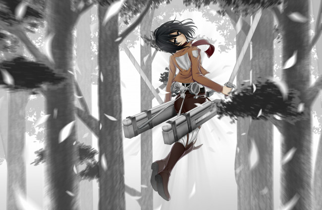Обои картинки фото аниме, shingeki no kyojin, деревья, девушка, природа, mikasa, ackerman, оружие, меч, вторжение, гигантов