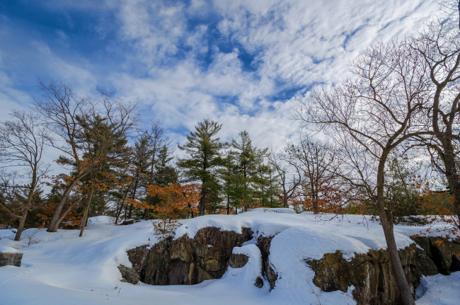 Обои картинки фото природа, зима, снег, скалы, лес