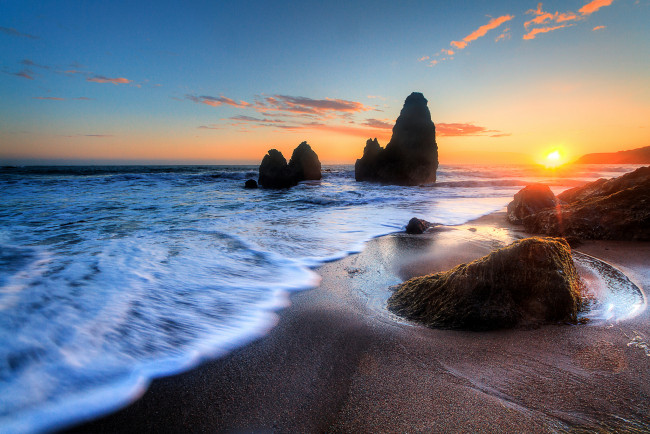 Обои картинки фото природа, восходы, закаты, пена, горизонт, пляж, волны, заря, океан