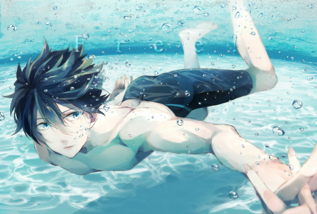 Обои картинки фото аниме, free, пузырьки, плывёт, брюнет, вода, парень